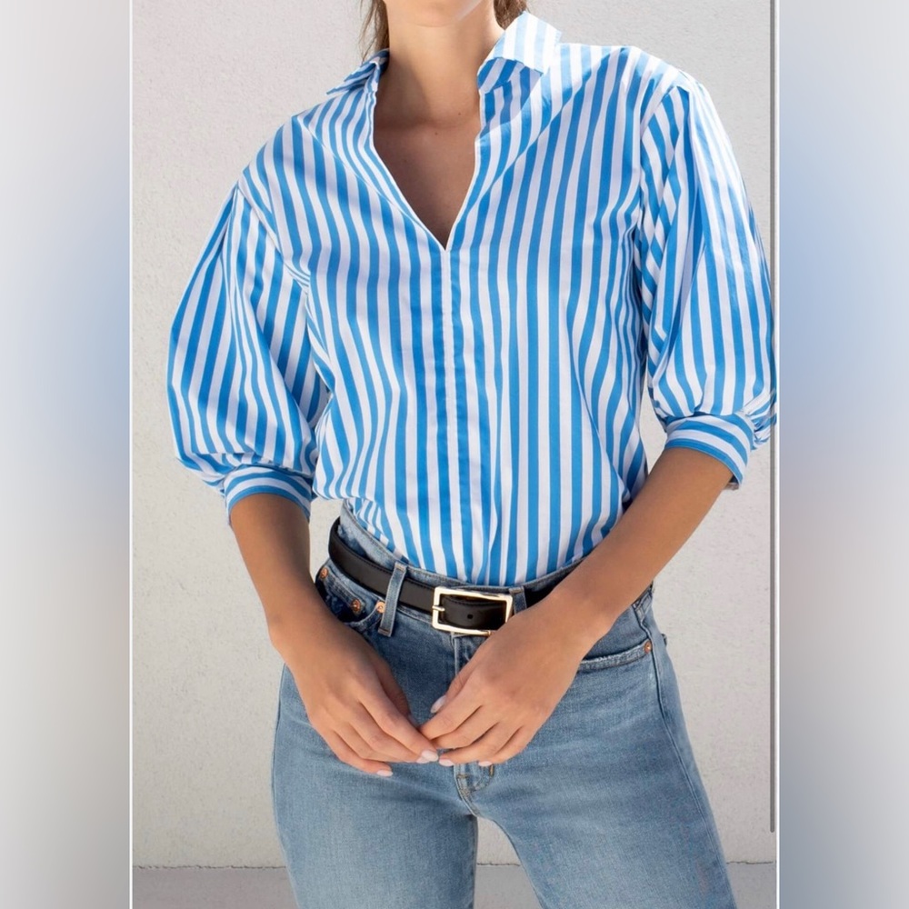 AYR Capeside Striped Puff Sleeve V-Neck Popover Top Blouse in Athens Blue Sz XS